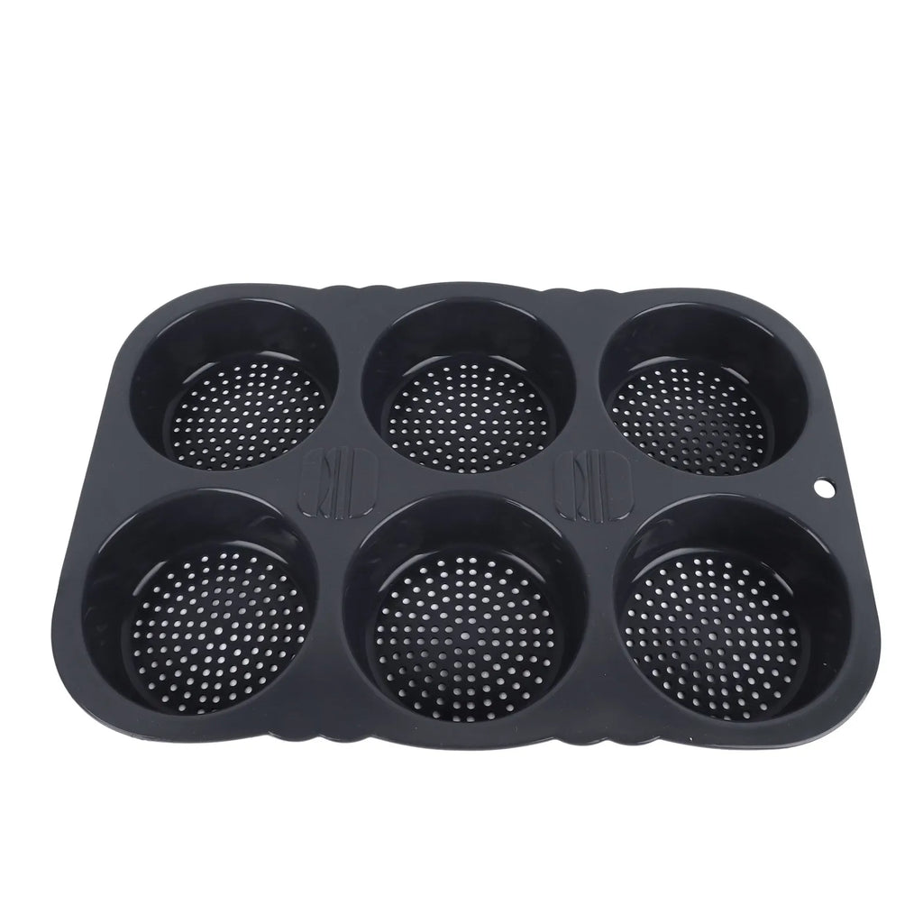 6-Cavity Hamburger Bun Mold Pan, Foldable Reusable Silicone Baking Mold, Black