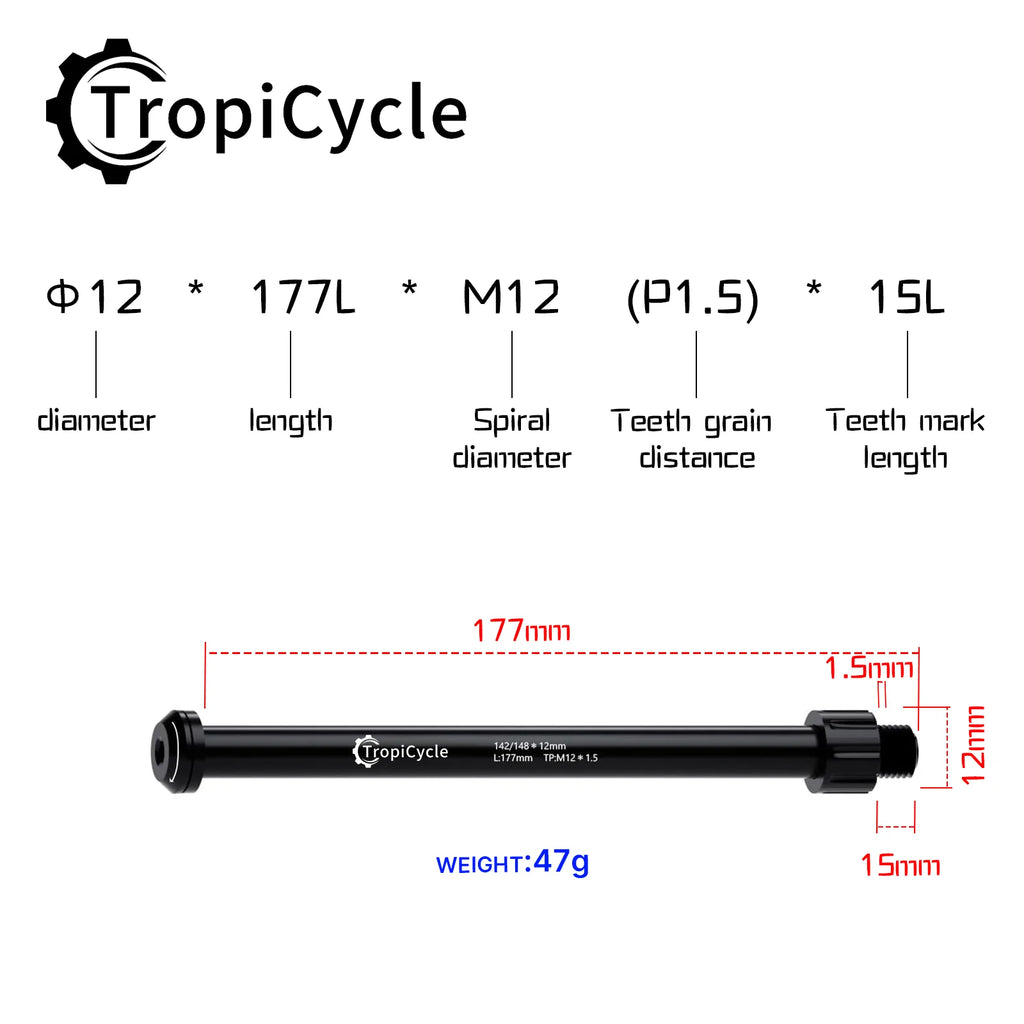 Tropicycle MTB Road Bike Thru Axle Front Fork Shaft Skewers M12x1.0 M12x1.5 12x142/162/174 12x100/110mm Aluminum alloy Bike Axle