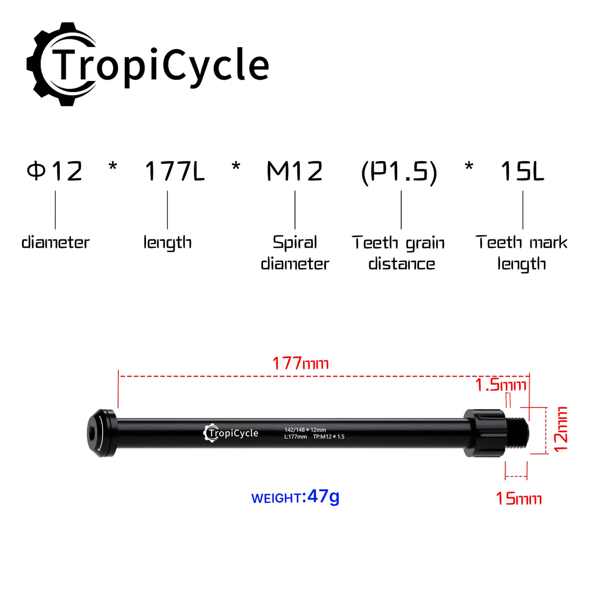Tropicycle MTB Road Bike Thru Axle Front Fork Shaft Skewers M12x1.0 M12x1.5 12x142/162/174 12x100/110mm Aluminum alloy Bike Axle
