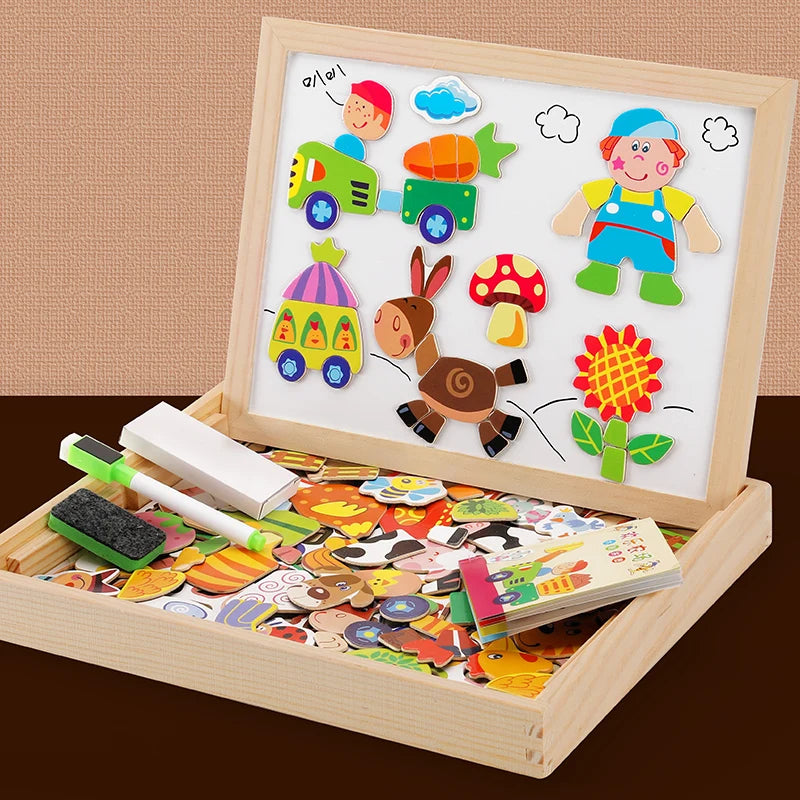 100+Pcs Wooden Multifunction Children Animal Puzzle Writing Magnetic Drawing Board Blackboard Learning Education Toys For Kids