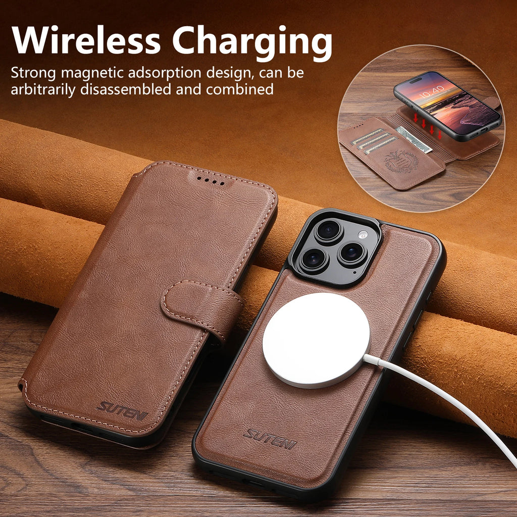PU Leather Magnetic Flip Wallet Phone Case w/ Card Holder Stand, Wireless Charging for iPhone