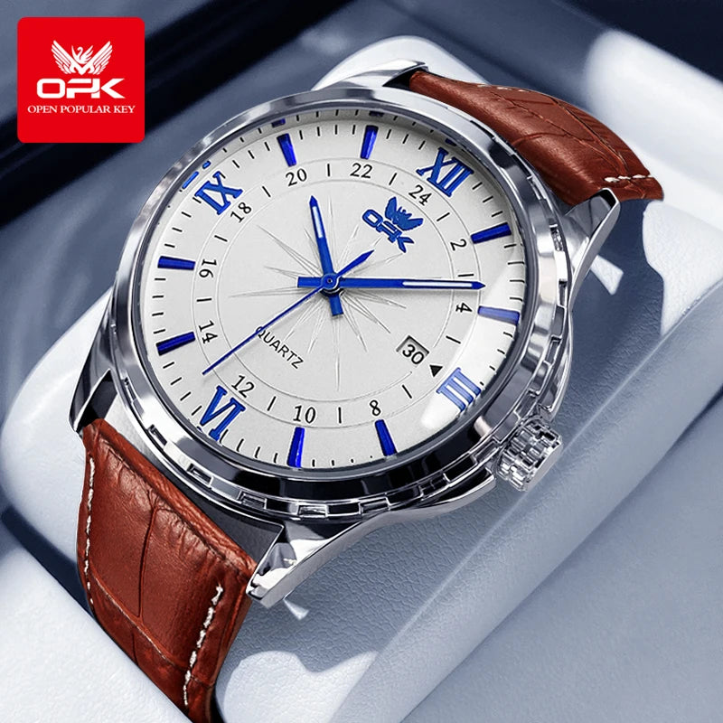 OPK Quartz Watch Men Comfortable Leather Strap Waterproof Fashion Dress Wristwatch Man