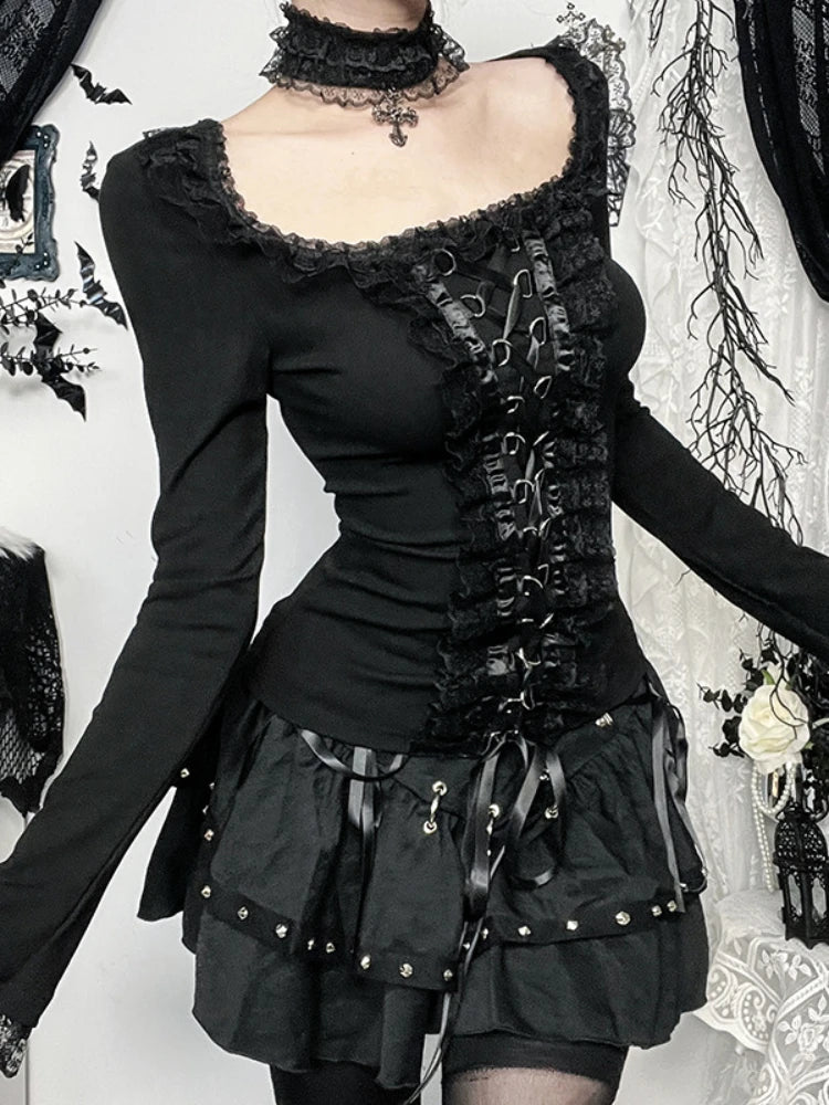 Goth Black Lace Trim Long Sleeve T-Shirts Vintage Sexy Lace-up Square Collar Tops with Choker Cross Women Autumn Tees