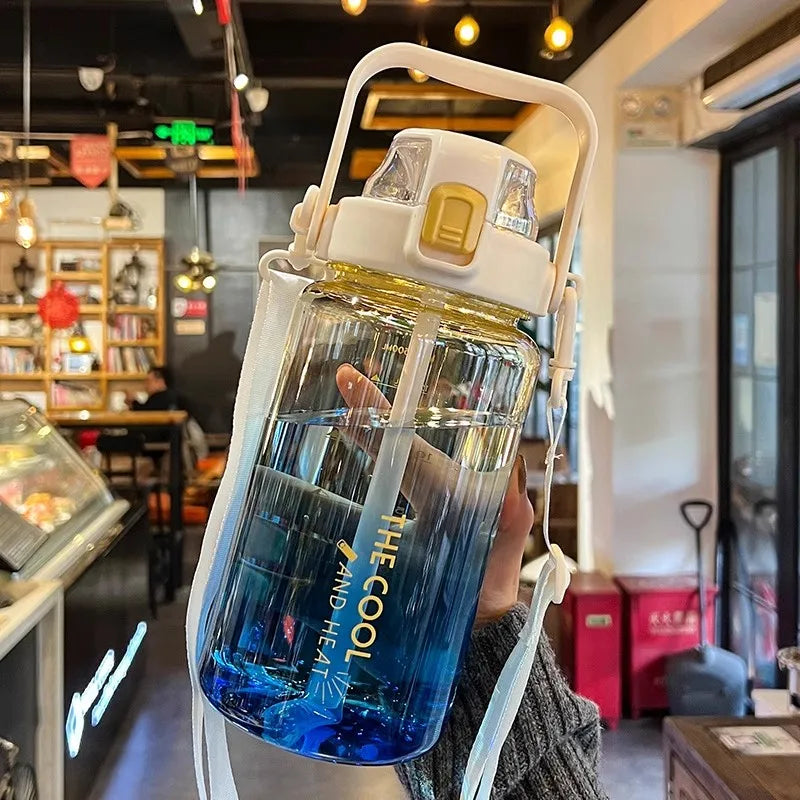 1.5/2 liter Water Bottle Portable Plastic Sports Bottle With Straw Strap Large Tumbler Gym Travel Juice Drinking Bottle BPA Free