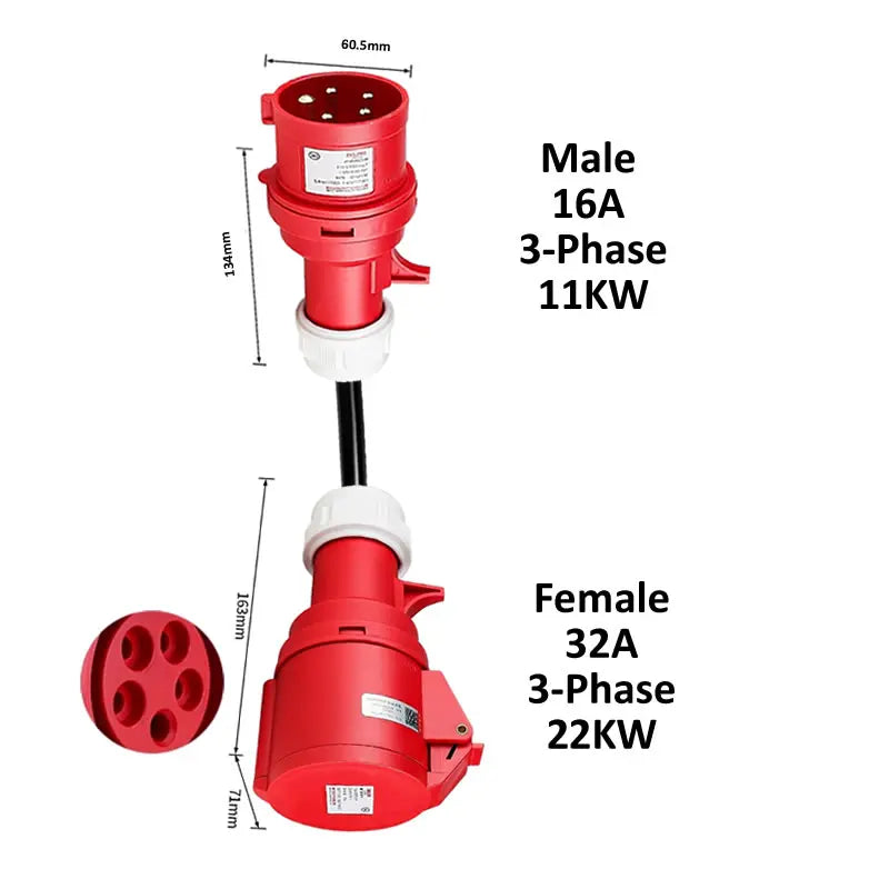 Electric vehicle charging adapter CEE Plug 16A/32A Red to Socket Blue 1-phase 32A 7KW 16A 3.5KW Red 3-Phase 16A 11KW 32A 22KW