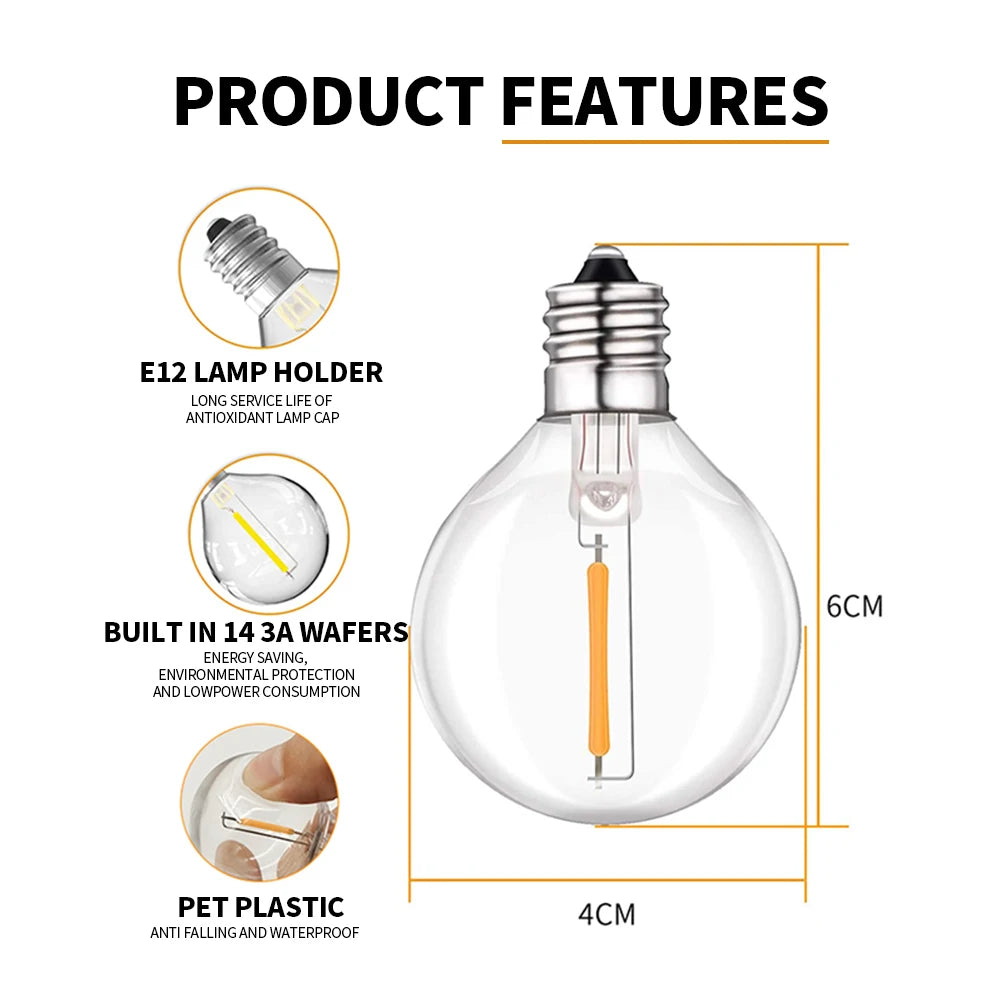 30m 15m 7.6m USB LED Lights 5V 1W G40 Plastic Bulb Outdoor Waterproof Tent Fairy Patio Festoon String Light Wedding Decor