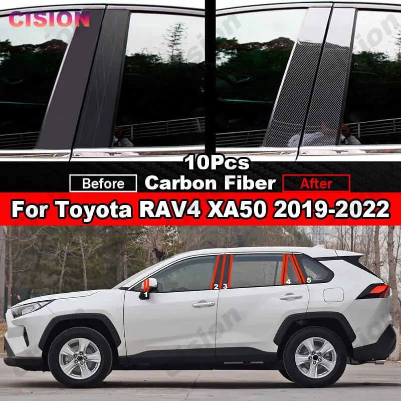 10x Carbon Fiber Black Car Window Door Column B C Pillar Post Cover Trim for Toyota RAV4 XA50 2019-2022 Mirror Effect PC Sticker