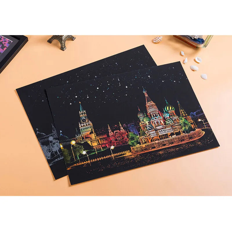 DIY A3 City Landmarks Paris London Night Scene Scratch Painting With Tool Scenery Landscape Colorful Scratch Art Room Decor Gift