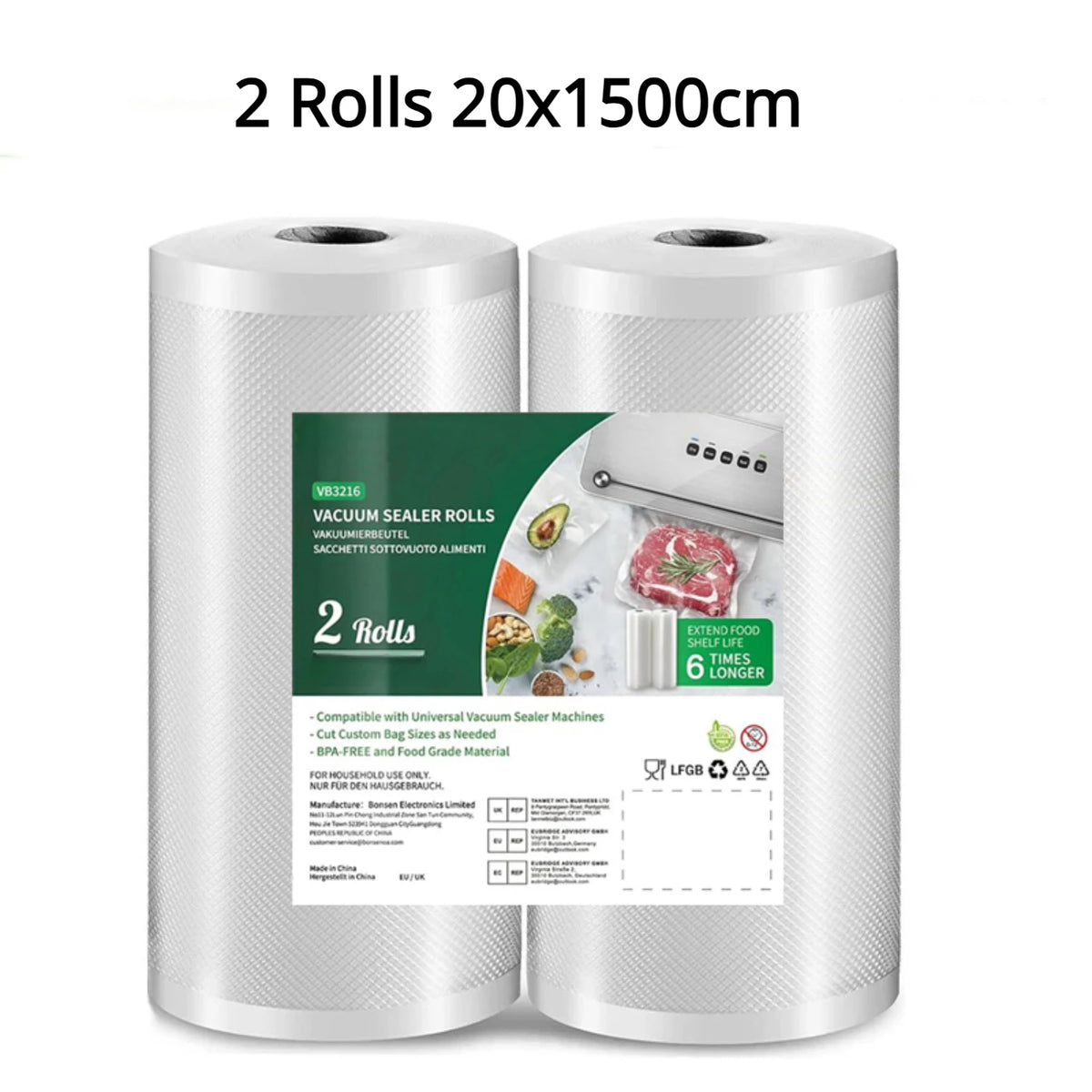 2 Roll Vacuum Packaging Sealer Bags for Food Fresh Long Keeping, 20/28 X 500cm Food Preservation and Vacuum Cooking Embossed Bag