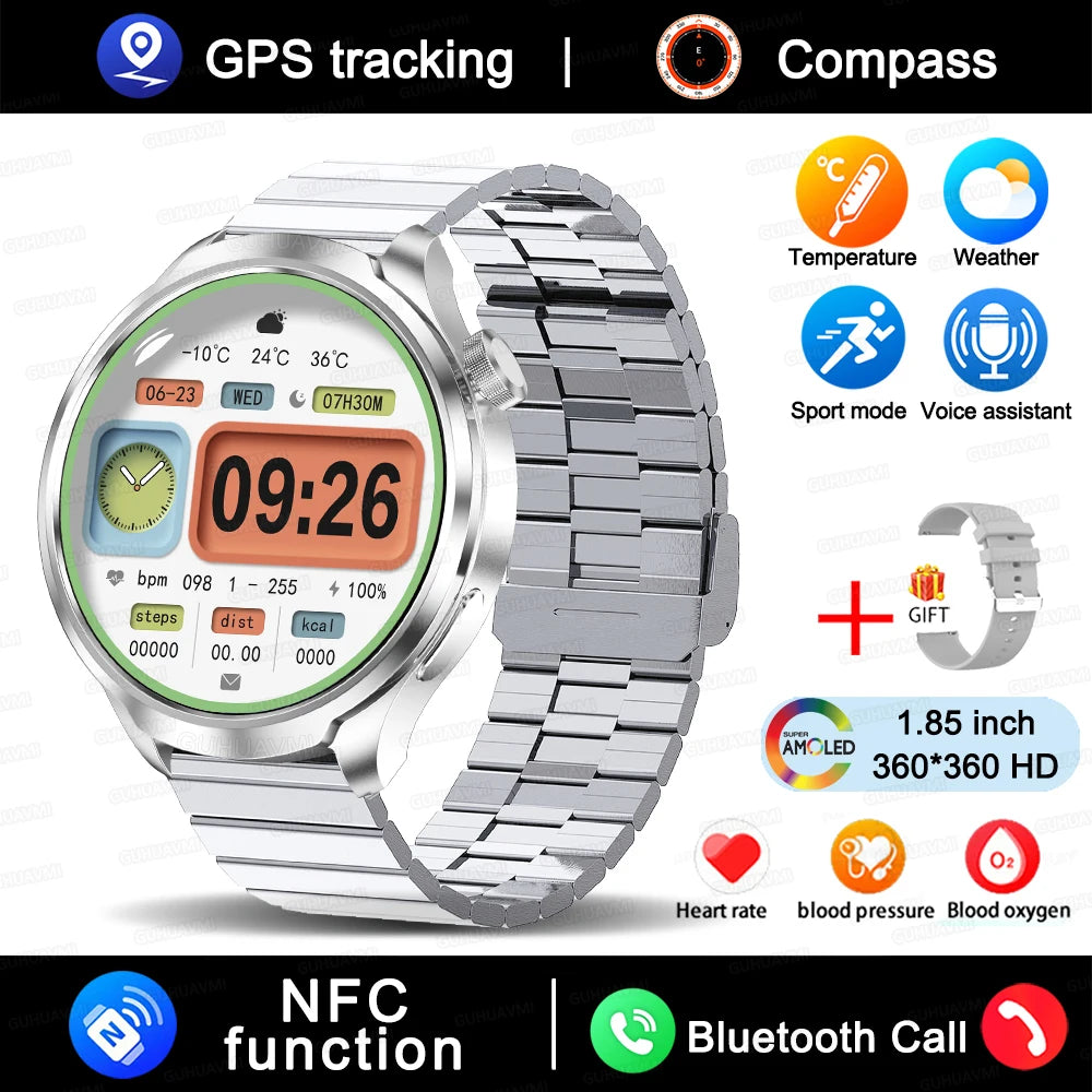 1.85" HD Big Screen Smart watch For men Sports NFC Watch Bluetooth Call Blood Pressure Temperature GPS Sport Track smart watch