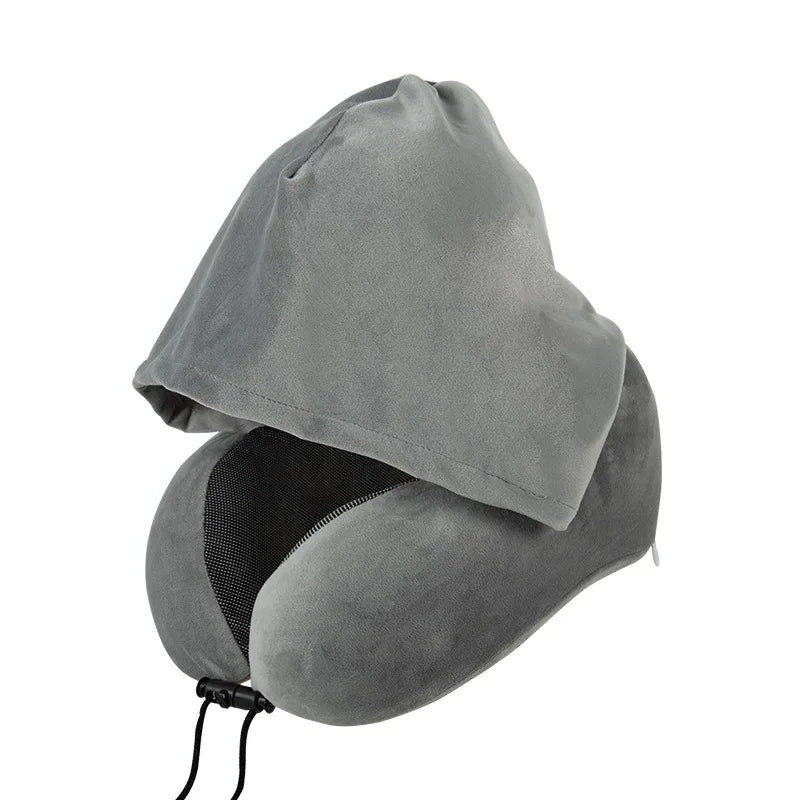 Hooded U-Shaped Travel Neck Pillow, Memory Foam, Removable Washable Cover, 27x27x14cm