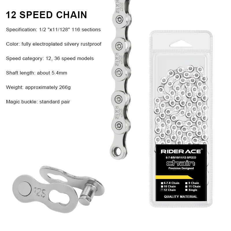 RIDERACE Bicycle Chain 116L 8 9 10 11 12 Speed Silver Ultralight Mountain Road Bike Chain For 24/27/30 Variable Speed Chain
