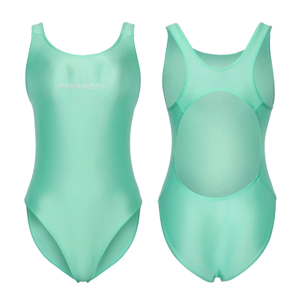 AMORESY Women's Satin Sheer One Piece Swimsuit High Cut Backless Bathing Suit Fitness Yoga Tights Swimwear Beach Diving Leotards