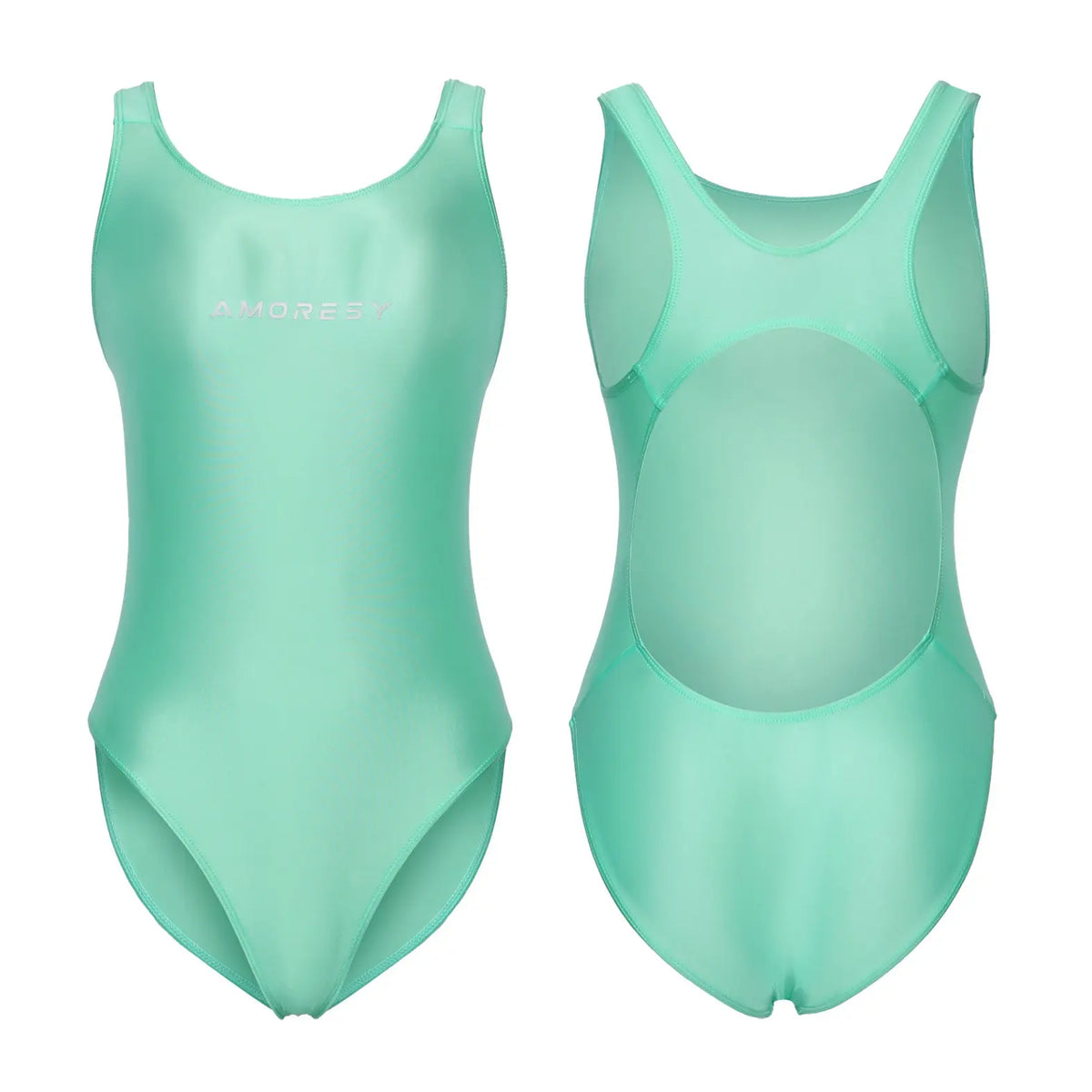 AMORESY Women's Satin Sheer One Piece Swimsuit High Cut Backless Bathing Suit Fitness Yoga Tights Swimwear Beach Diving Leotards