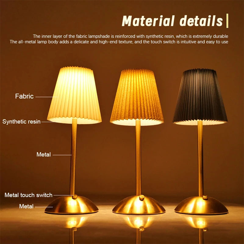 Small Pleated Table Lamp USB Rechargeable Nightstand Lamp Cordless Desk Lamp for Bedroom Living Room Home Office Decor