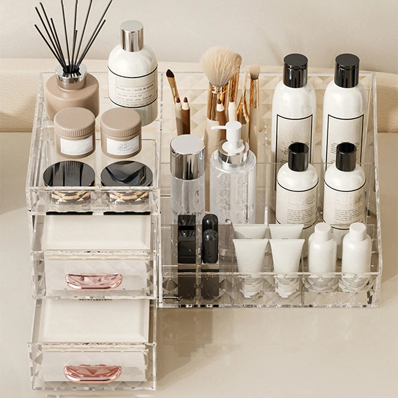 Makeup Organizer with Transparent Drawer, Large Capacity Cosmetic Storage Box - Brown/Cream