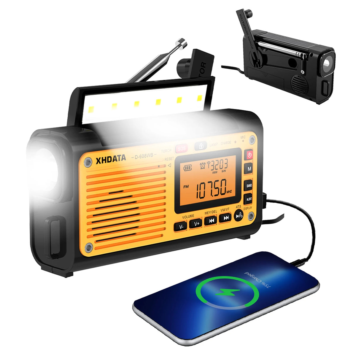 Emergency Crank Solar Radio XHDATA D608WB FM/AM/SW/NOAA Alert Portable Radio Charging 3000mAh Power Bank LED Flashlight Torch