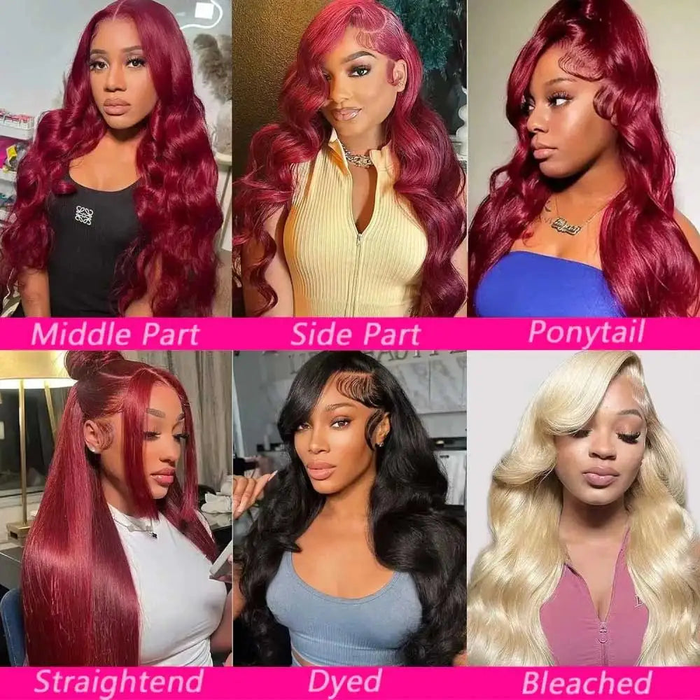 Burgundy 99J Human Hair Lace Front Wig 13x4 HD Transparent Body Wave 16-34in