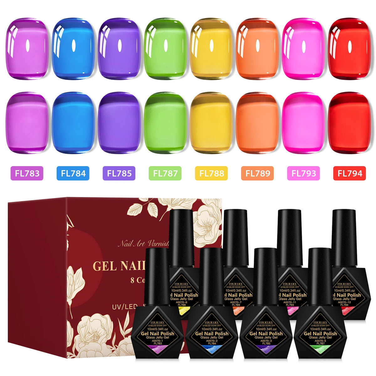 Jelly Gel Nail Polish Set 8pcs x 10ml Semi-Transparent Red Purple UV/LED Soak Off