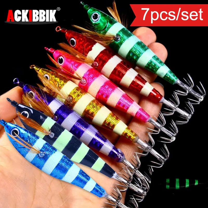 Ackibbik 7pcs Horizontal Squid Jigs Jigging Baits for Sea Fishing Artificial Squid Hook Saltwater Wood Shrimp Lure