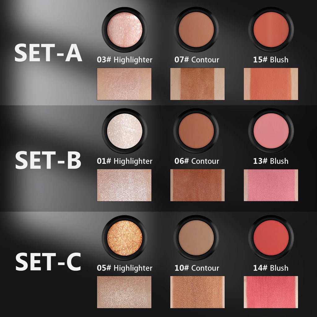 1 Set of 3 Contouring Sticks, Highlighter Sticks, and Blush Sticks, 3-Piece Cream Contouring Set, Creates Facial Contours, Non-Greasy