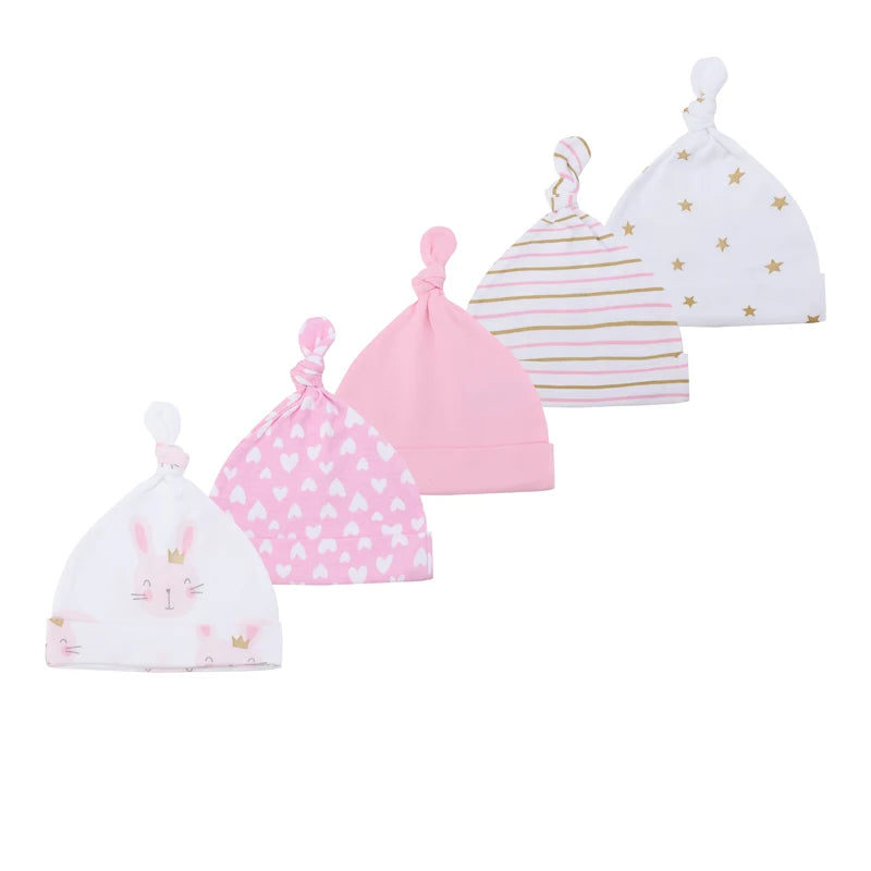 Kiddiezoom Newborn Baby Cotton Beanie Hats 5-Pack, Soft Infant Caps 0-6 Months
