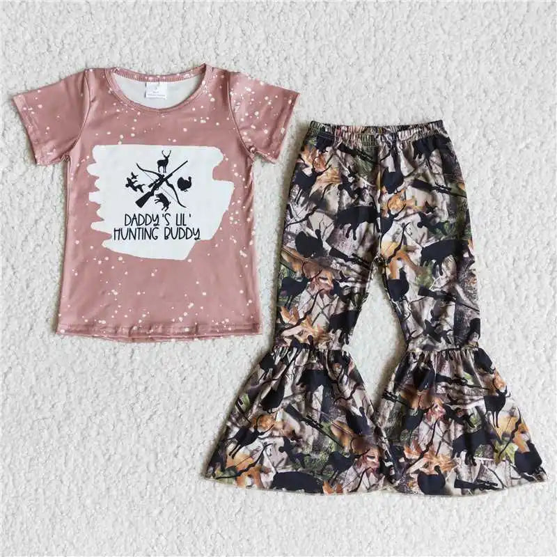 Wholesale No Moq Mama Baby Girl Clothes Short Sleeve Shirt Leopard Bell Bottom Pants Outfits Toddler Children Mother's Day Set