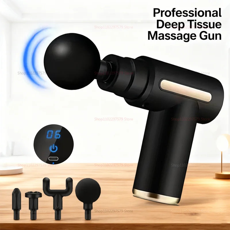 Fascia Gun Deep Tissue Massager 6 Adjustable Speeds 4 Massage Heads Quiet Brushless Motor Portable Muscle Relaxer for Gym Home