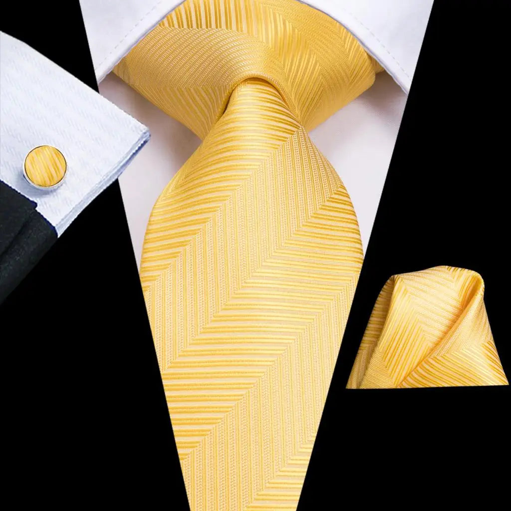 Solid Gold Yellow Ties For Men Handky Cufflinks Set Fashion Gift For Men's Tie Wedding Business Necktie Blue Black Orange Beige