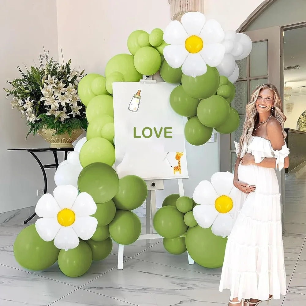 139pcs Green and White Daisy Balloon Set Suitable for Themed Birthday, Wedding, Engagement, Party, and Anniversary Decorations