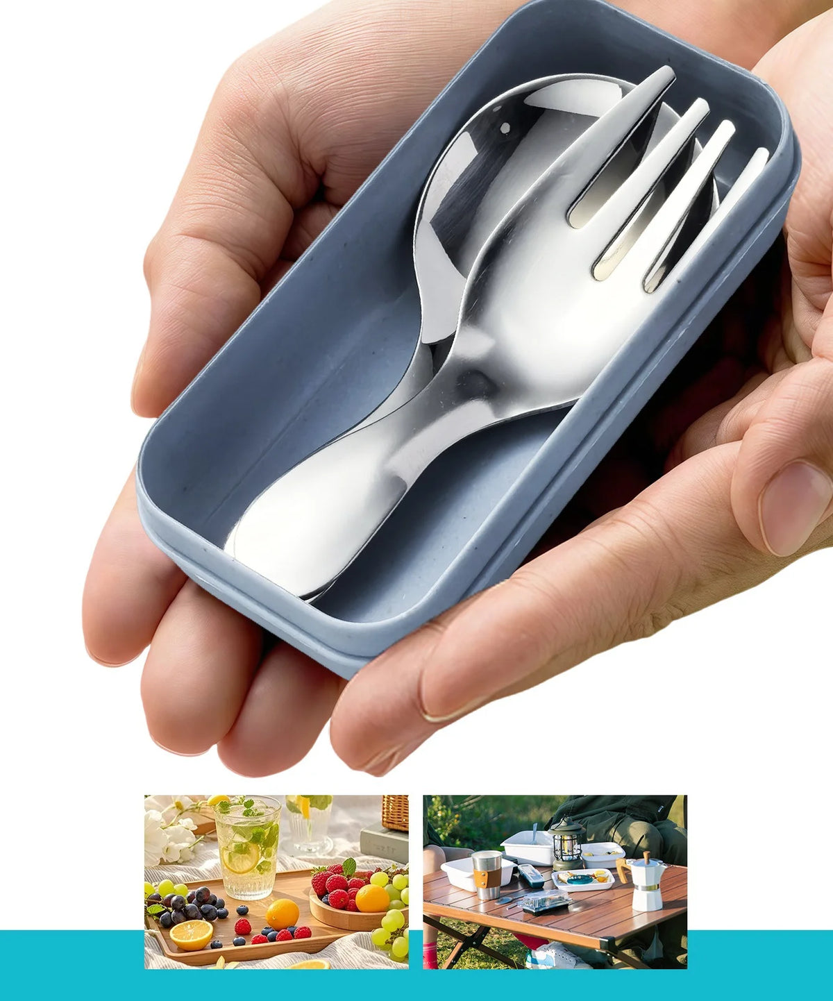 Stainless Steel Tableware Set Spoon Fork 2Pc Portable With Box Outdoor Camping Cutlery Lunch Hiking Camp Cooking Travel Flatware