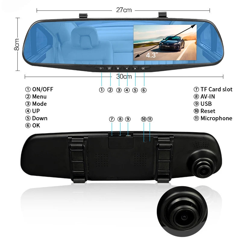 4.3in 1080P Dual Lens Rearview Mirror Dash Cam DVR Night Vision, 32GB/64GB Options