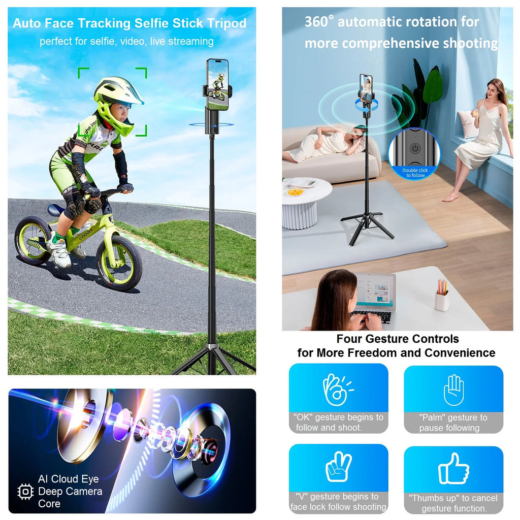 360  Auto Face Tracking Phone Tripod Stand, 59in Selfie Stick Holder, Black