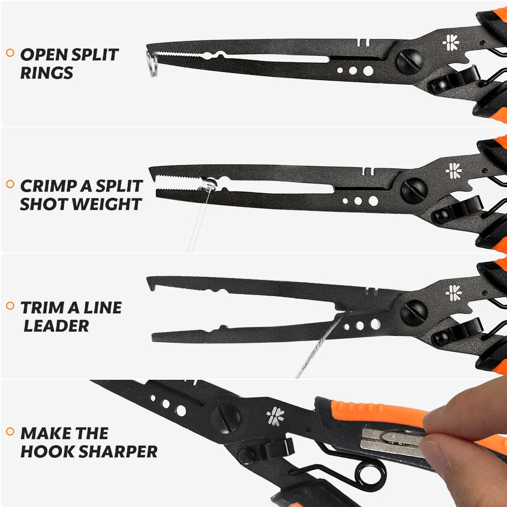 ZUKIBO Multifunction Fishing Pliers Extended version Stainless Steel PTFE Coating Fishing Split Ring Plier with Hook Sharpener