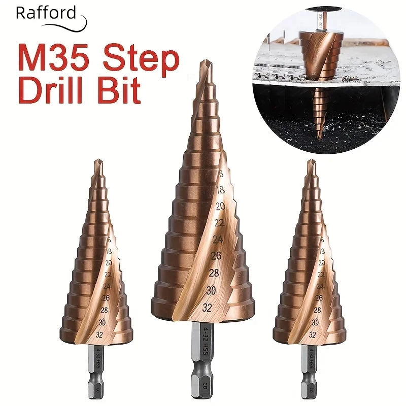 Rafford 4-12/4-20/4-32mm M35 Cobalt Step Drill Bit Tapered HSS-CO HSS Drill Bit Spiral Groove Triangle Shank For Stainless Steel