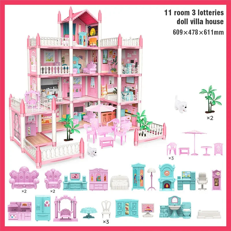 3D DIY Dream Princess Castle Villa Assembly Doll House Set Toy Girl Family Toy Children's Music Doll House Assembly Villa House