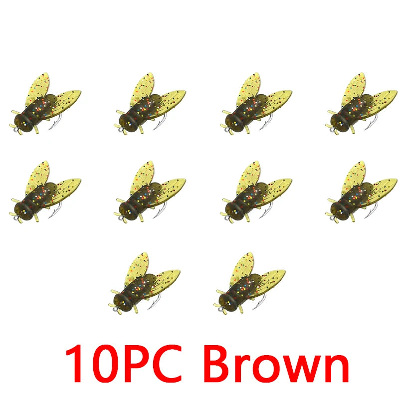 10PCS 10/20mm PVC Fly Fishing Flies Soft Rubber Fly Fishing Lures Lifelike Flies Insects Lures Barbed Hooks Fishing Accessories