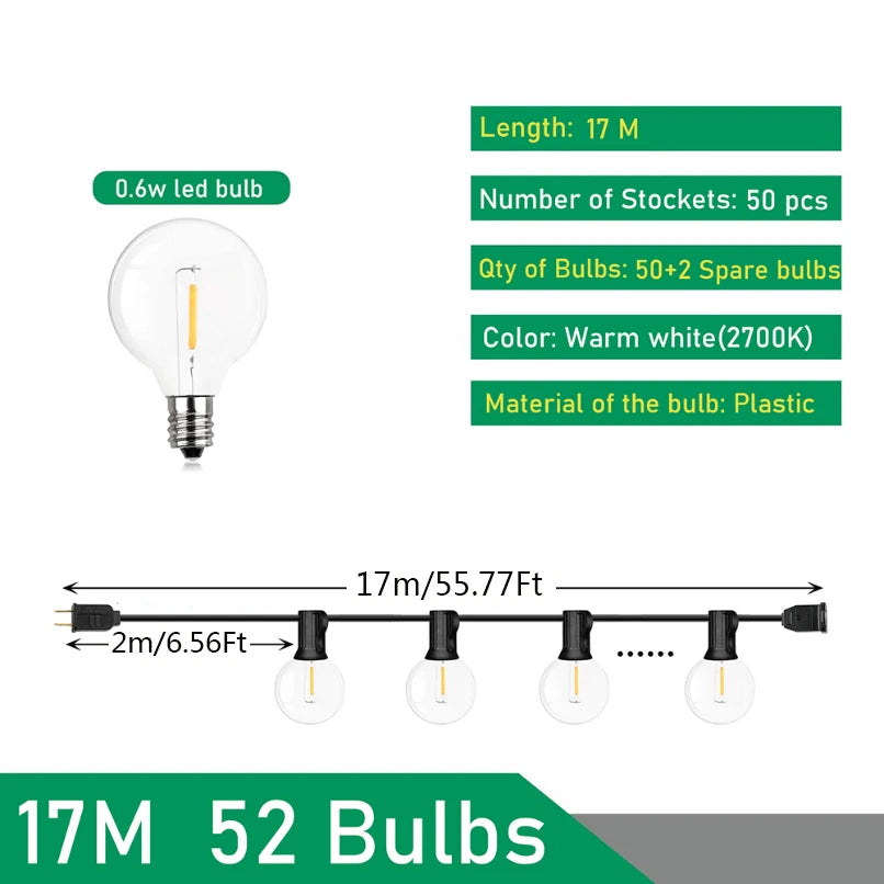 110V/220V Outdoor String Lights LED G40 Festoon Fairy Patio Garland Lamp Wedding Street Camping Garden Party Decoration Lights