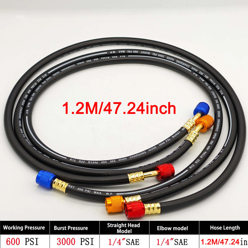 AC refrigerant charging hose kit with low loss fittings for R134A R12 R22, 0.9-1.8m