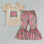Wholesale No Moq Mama Baby Girl Clothes Short Sleeve Shirt Leopard Bell Bottom Pants Outfits Toddler Children Mother's Day Set