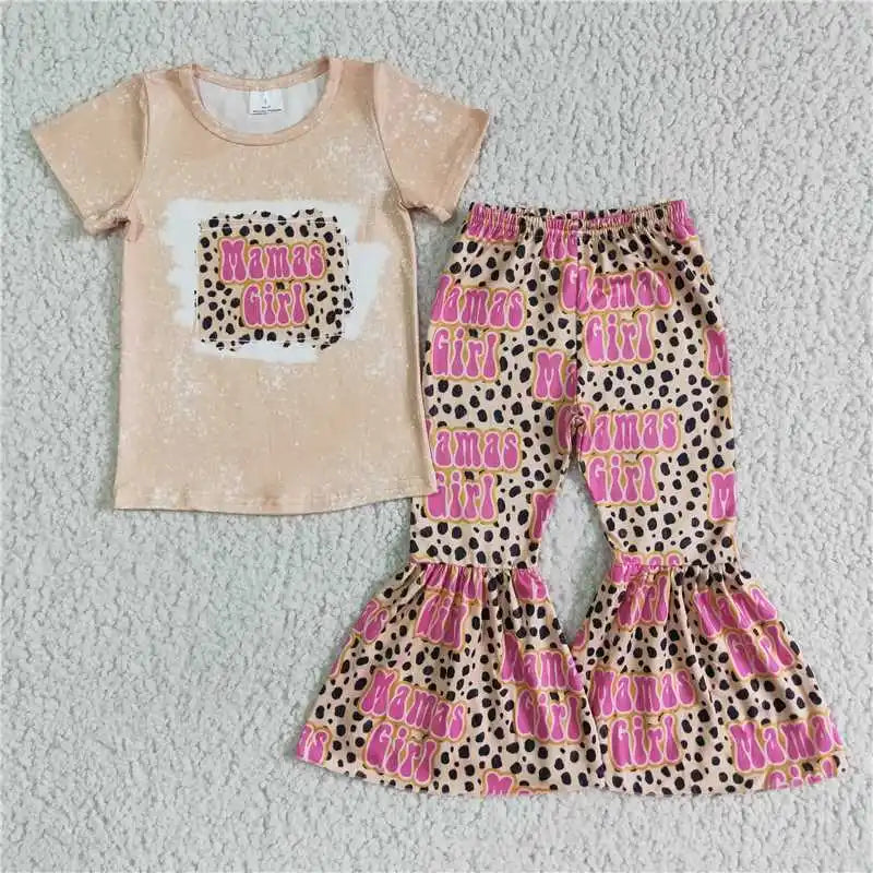 Wholesale No Moq Mama Baby Girl Clothes Short Sleeve Shirt Leopard Bell Bottom Pants Outfits Toddler Children Mother's Day Set