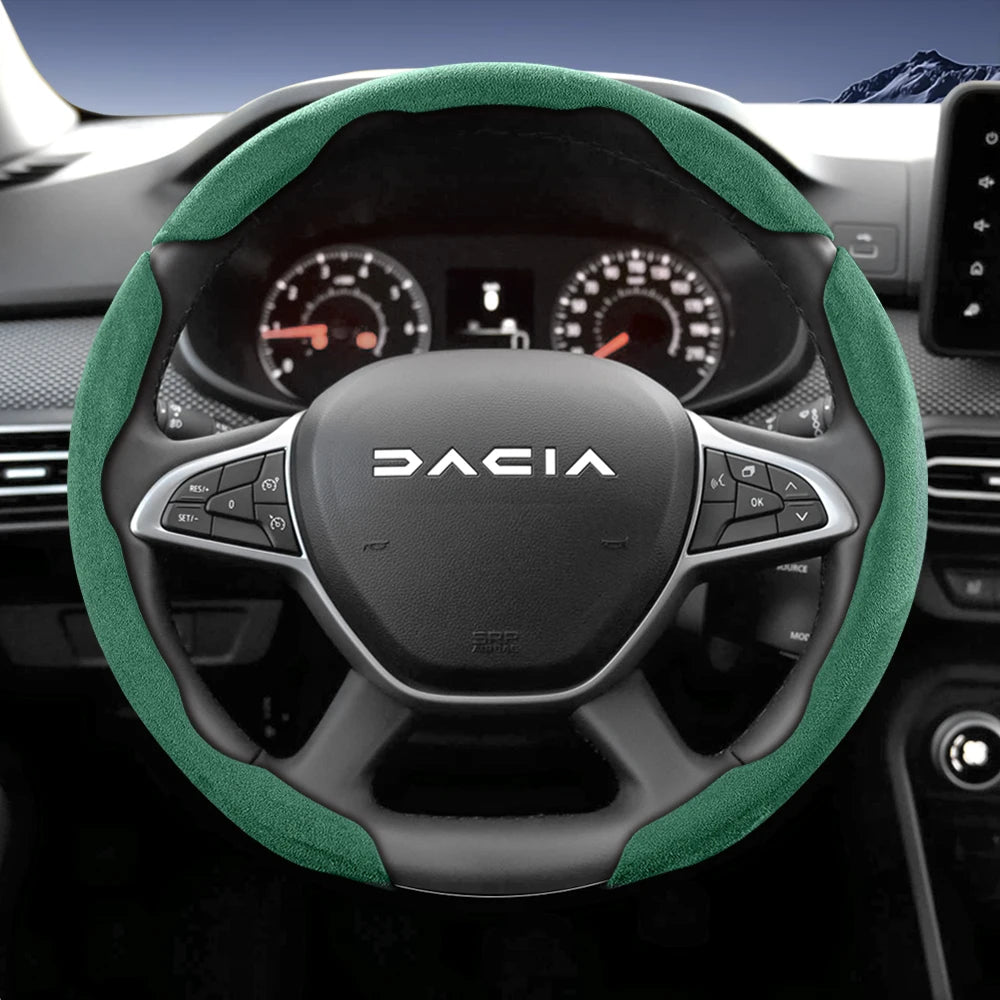 Suitable for Dacia Sports Suede Steering Wheel Cover, Split Snap-On Anti-Slip Style, for Models Such as Sandero Stepway, Duster, Jogger, Bigster, Spring, Electric, Cargo, Logan, Etc., in Black, Brown, Mocha, and Red Co
