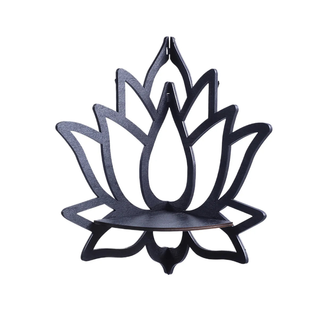Wooden Lotus Wall Mounted Corner Shelf Rack, Black - Essential Oil Candle Holder