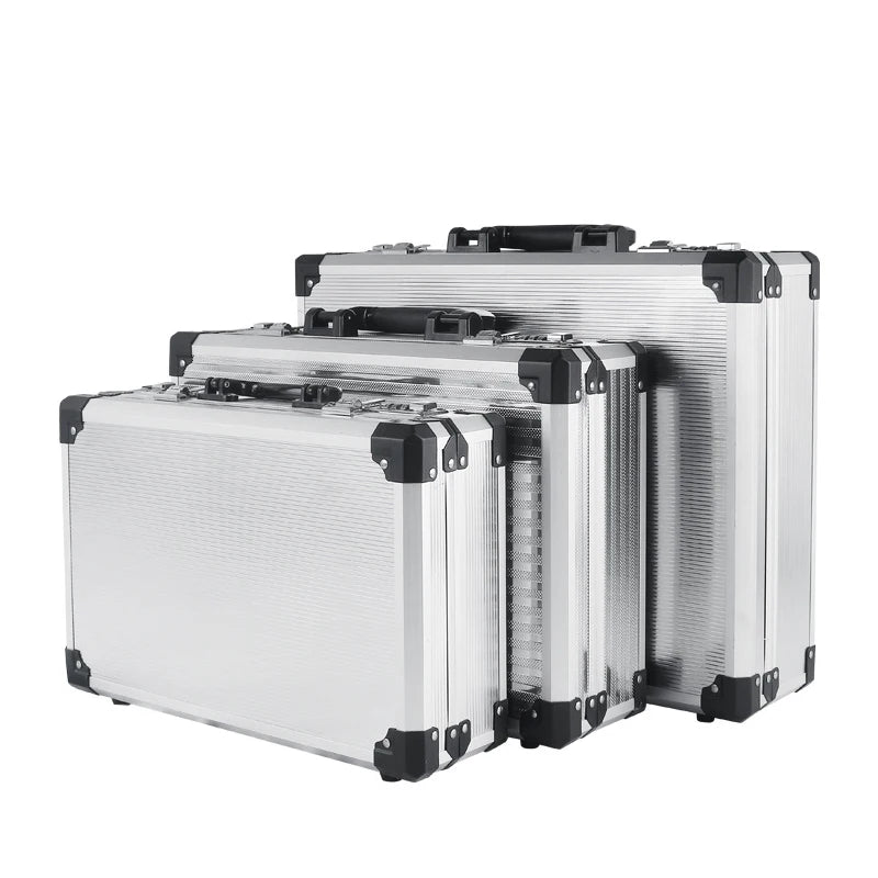 Aluminum Frame Protective Case Storage Box Suitcase with Key Locker Sponge Cubes Compartment for Micrphone Sound Card Mixer