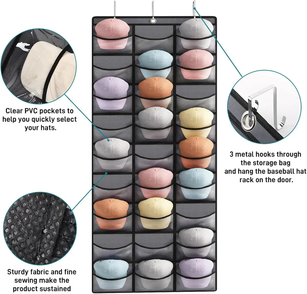 Hat Storage Holder Organizer 27 Clear Pockets Protect Hat Rack Door Hanging Holder Hanger Storage Rack for Baseball Caps Bedroom