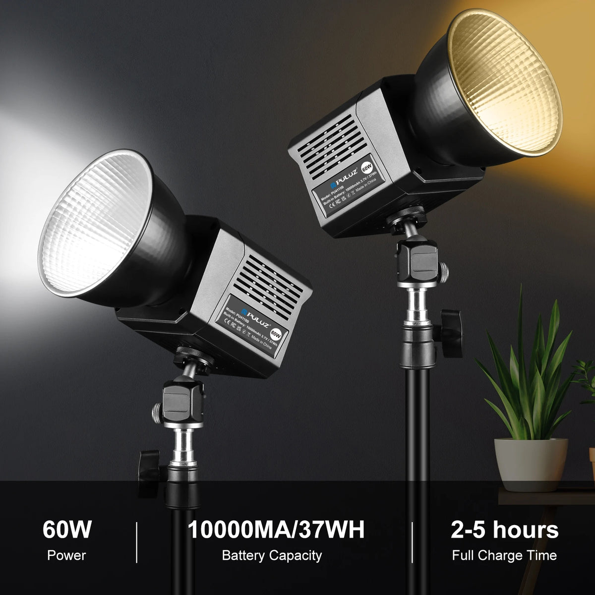 PULUZ 60W COB LED Video Light Handheld Fill Light 2500K-6500K Dual Color Temperature 13000Lux 10000mAh Photography Studio Light