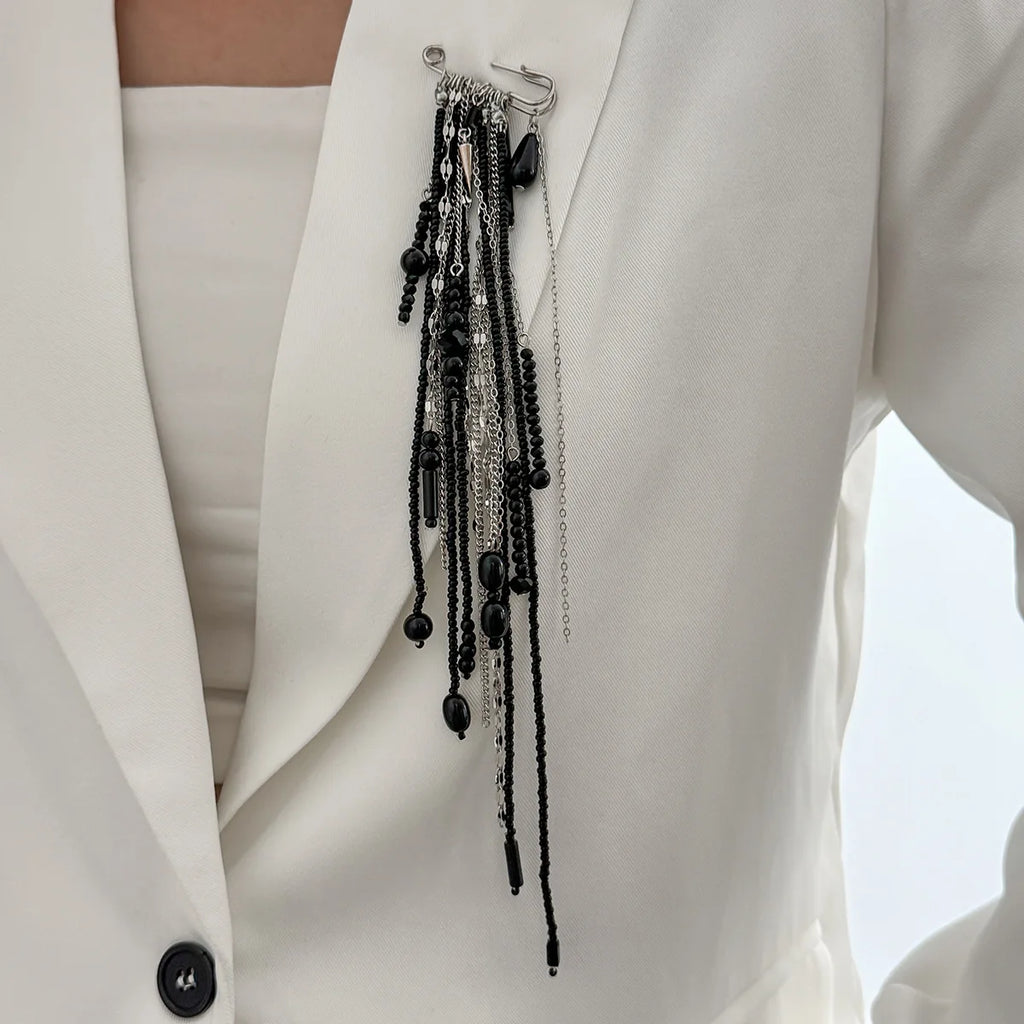 Exaggerated Long Tassel Chain Rice Bead Crystal Women's Brooch Handmade Bead Multi-layer Chain Fixed Needle Clothing Decoration