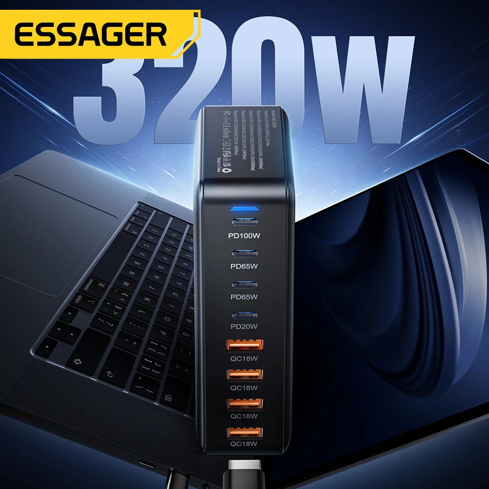 Essager 320W GaN Charger 8Port USB Type C Desktop Charging Station PD 100W Fast Charging For iPhone 17 16 15 iPad MacBook Laptop