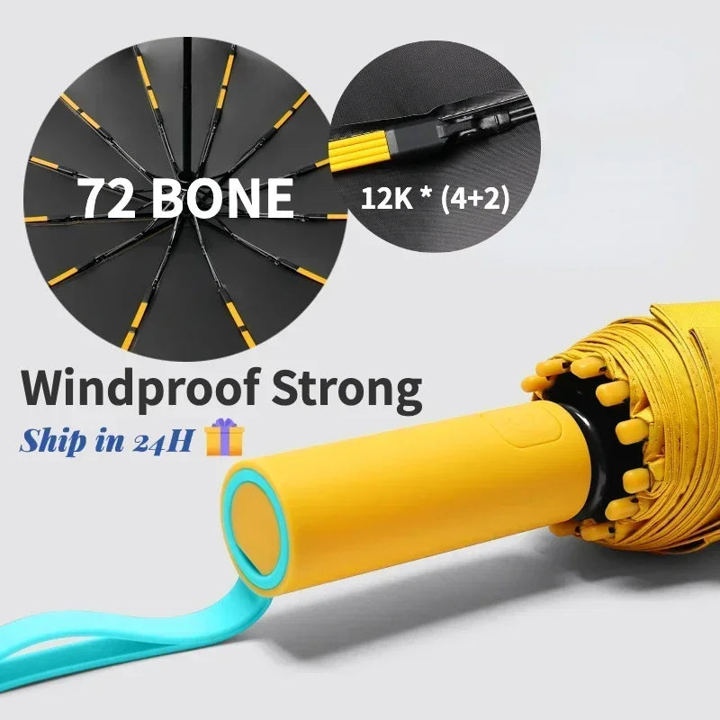 72-Rib Windproof Automatic Folding Umbrella, Reinforced Frame, UV Sun & Rain, Black