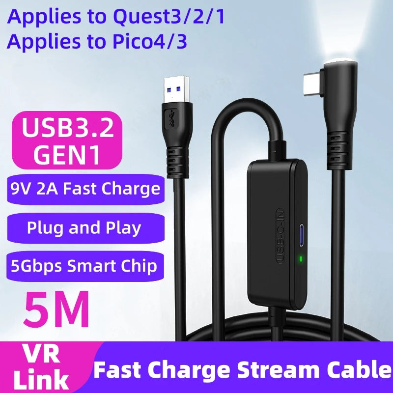USB 3.2 Gen 1 VR Link Cable USB-A to USB-C 5m 5Gbps for Quest 3S/3/2, PICO 4/Neo 3